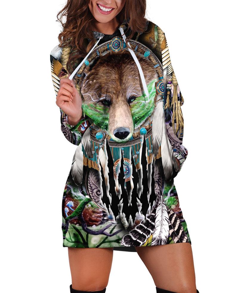 WelcomeNative Native Bear Green Hoodie Dress, 3D Hoodie Dress, All Over Print Hoodie Dress