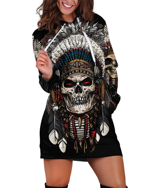 WelcomeNative Native Skull Chief Hoodie Dress, 3D Hoodie Dress, All Over Print Hoodie Dress