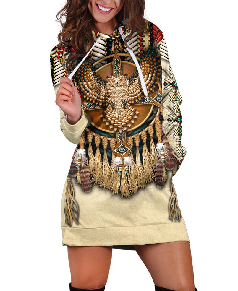 WelcomeNative Dreamcatcher Owl Brown Hoodie Dress, 3D Hoodie Dress,All Over Print Hoodie Dress