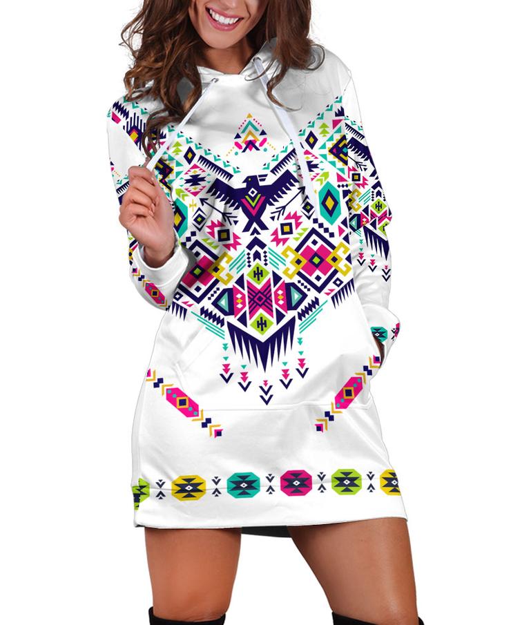 WelcomeNative Native White Background Hoodie Dress, 3D Hoodie Dress, All Over Print Hoodie Dress