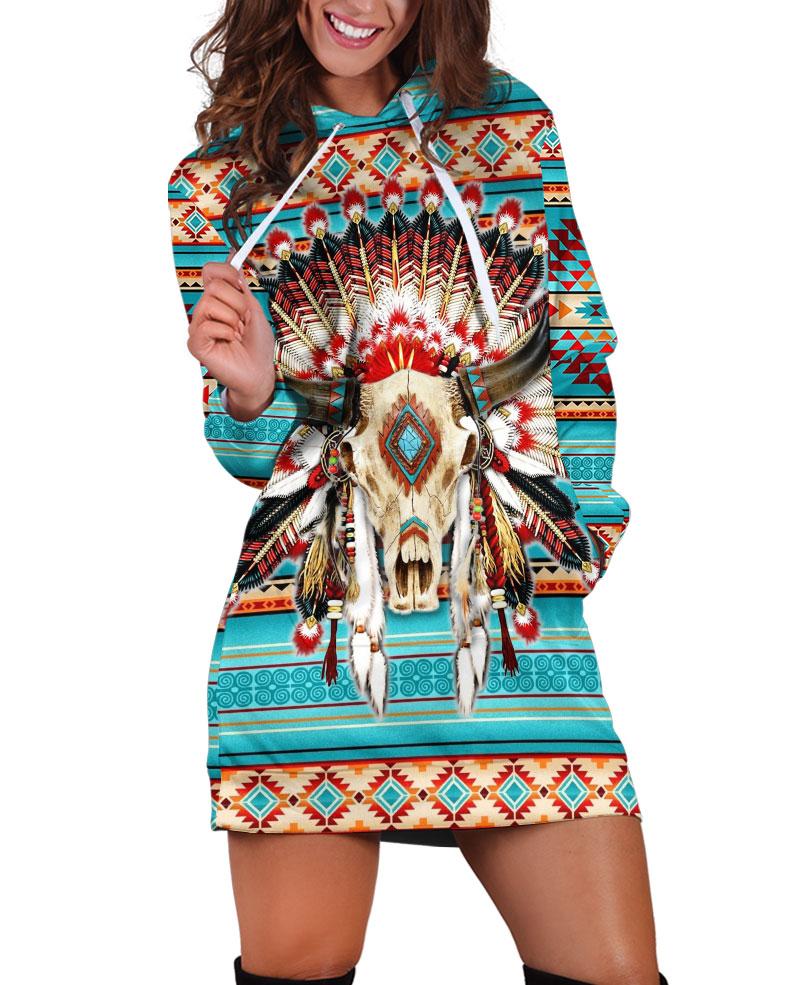 WelcomeNative Native Turquoise Background Hoodie Dress, 3D Hoodie Dress, All Over Print Hoodie Dress