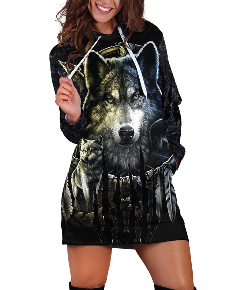 WelcomeNative Wolf Native Hoodie Dress, 3D Hoodie Dress, All Over Print Hoodie Dress