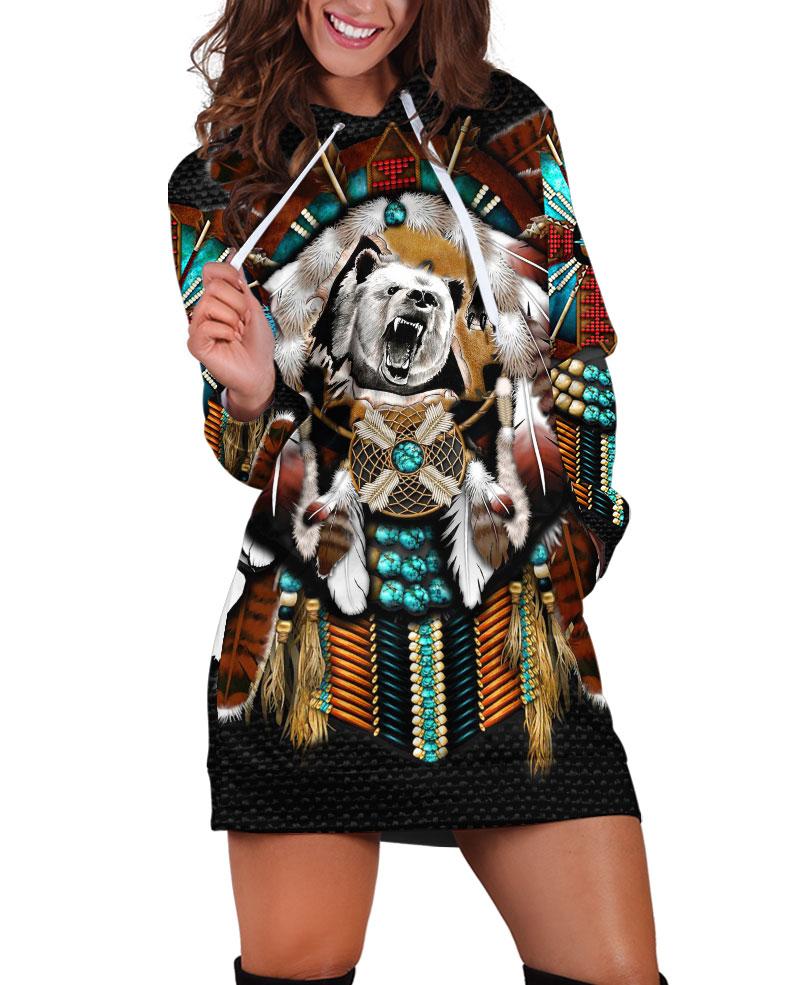 WelcomeNative Native Bear Motifs Hoodie Dress, 3D Hoodie Dress, All Over Print Hoodie Dress