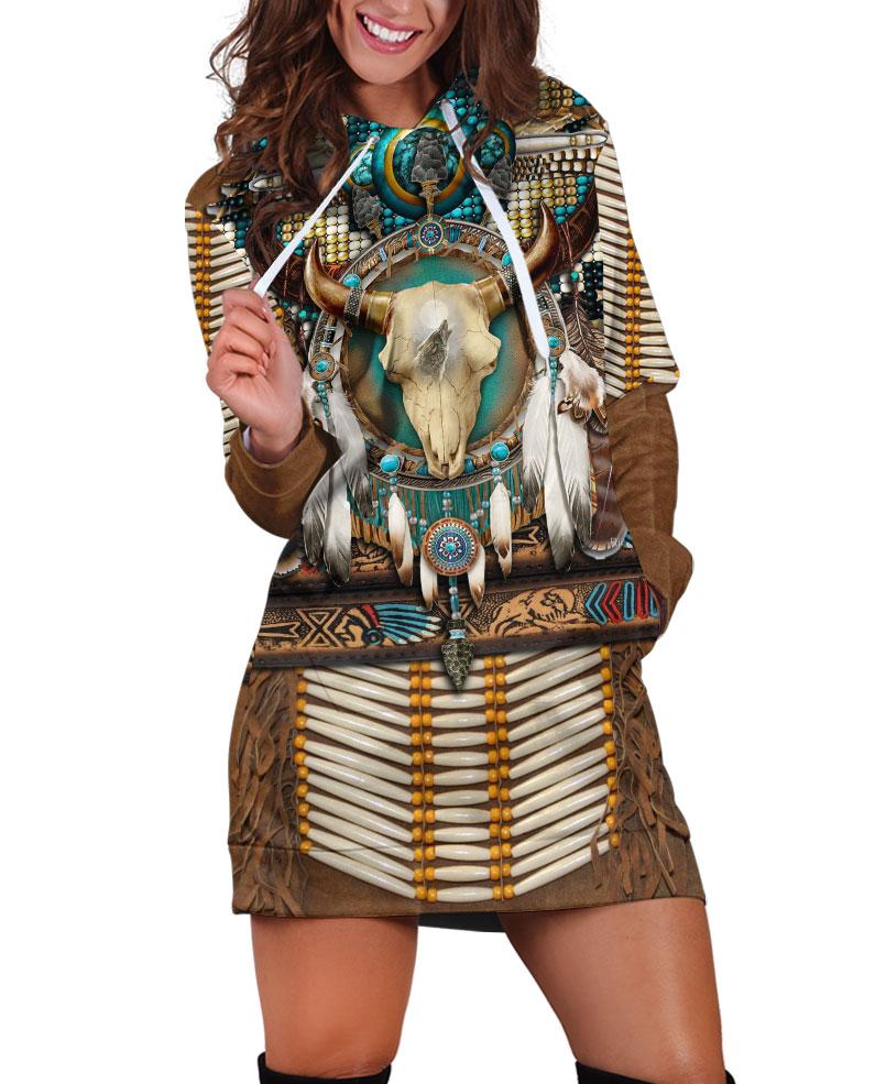 WelcomeNative Brown Native Buffalo Skull Hoodie Dress, 3D Hoodie Dress,All Over Print Hoodie Dress