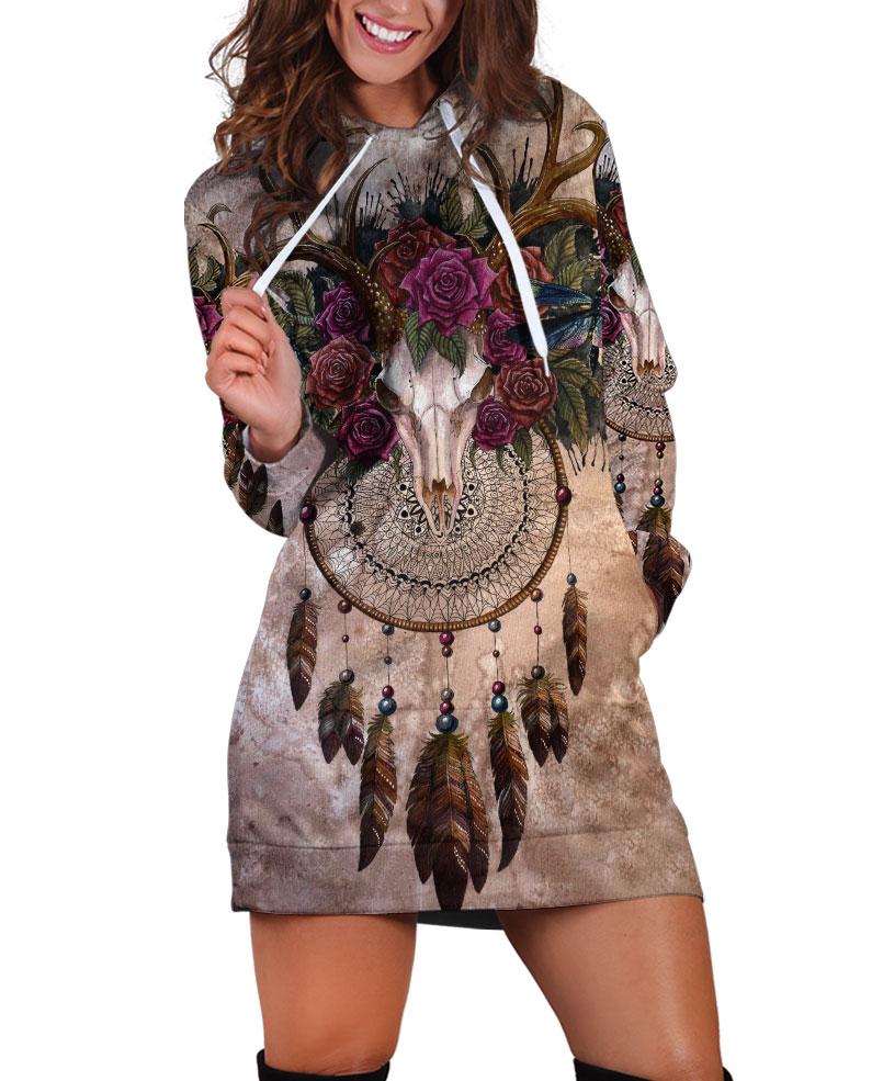 WelcomeNative Buffalo Skull & Flowers Hoodie Dress, 3D Hoodie Dress,All Over Print Hoodie Dress