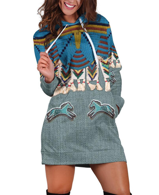 WelcomeNative Blue Horse Hoodie Dress, 3D Hoodie Dress, All Over Print Hoodie Dress