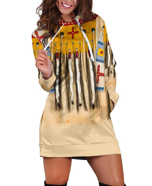 WelcomeNative Yellow Native Fur Motifs Hoodie Dress, 3D Hoodie Dress, All Over Print Hoodie Dress