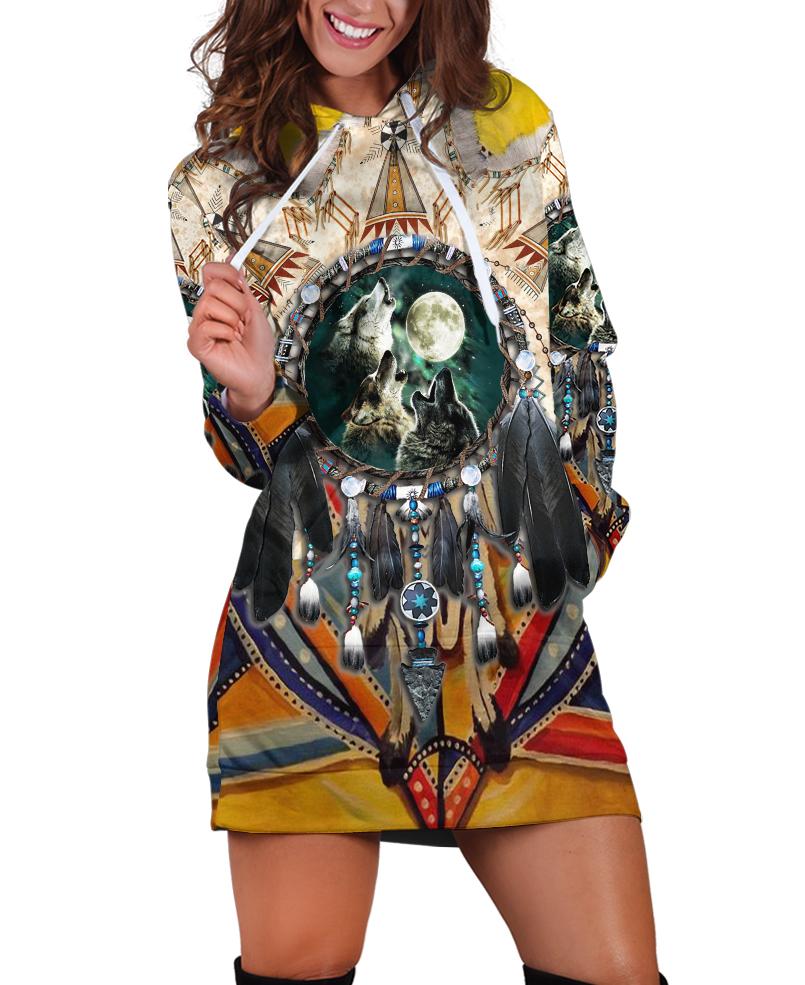 WelcomeNative Native Three Wolves Hoodie Dress, 3D Hoodie Dress, All Over Print Hoodie Dress