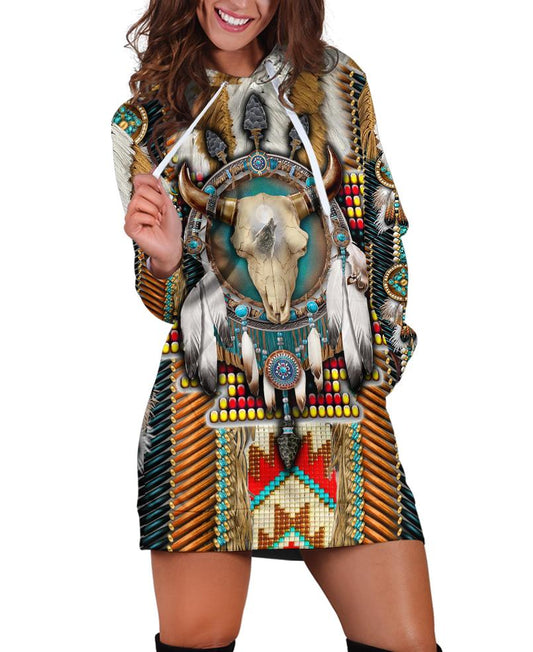 WelcomeNative Buffalo Skull Motifs Hoodie Dress, 3D Hoodie Dress,All Over Print Hoodie Dress