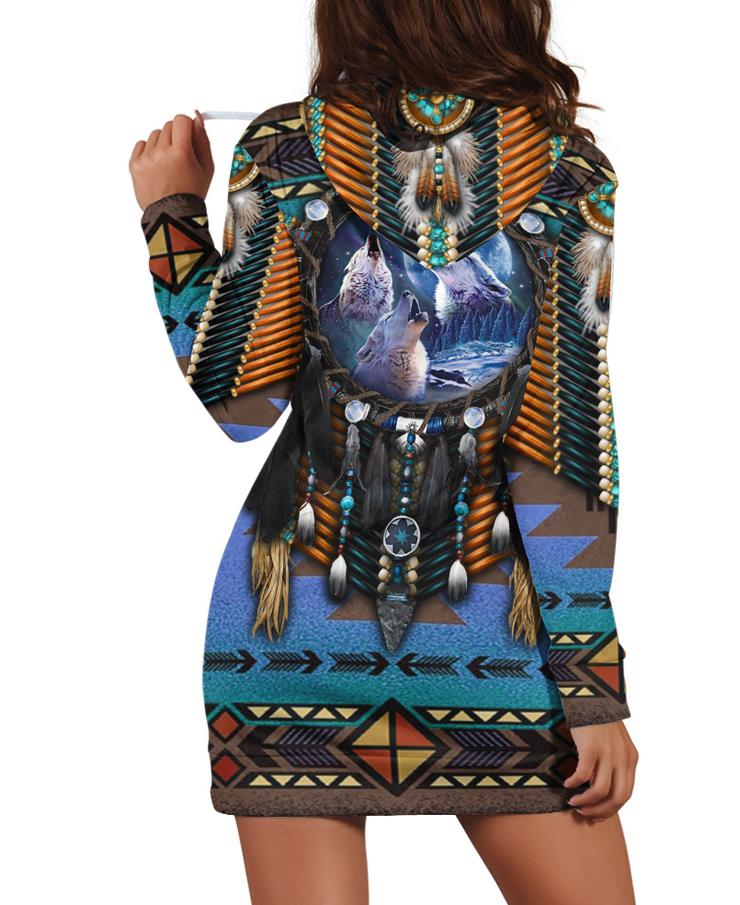 WelcomeNative Blue Native Pattern Hoodie Dress, 3D Hoodie Dress, All Over Print Hoodie Dress