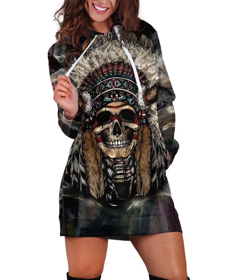 WelcomeNative Native Skull Hoodie Dress, 3D Hoodie Dress, All Over Print Hoodie Dress