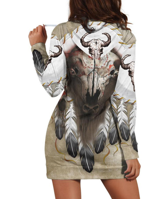 WelcomeNative Feather & Buffalo Skull Hoodie Dress, 3D Hoodie Dress,All Over Print Hoodie Dress