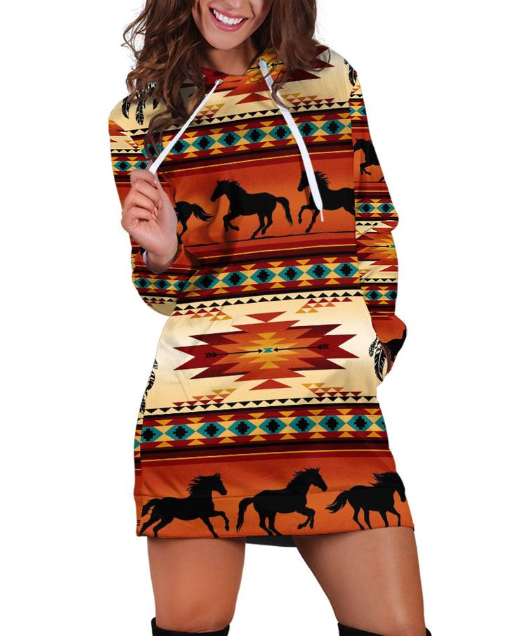 WelcomeNative Native Horse Pattern Hoodie Dress, 3D Hoodie Dress, All Over Print Hoodie Dress