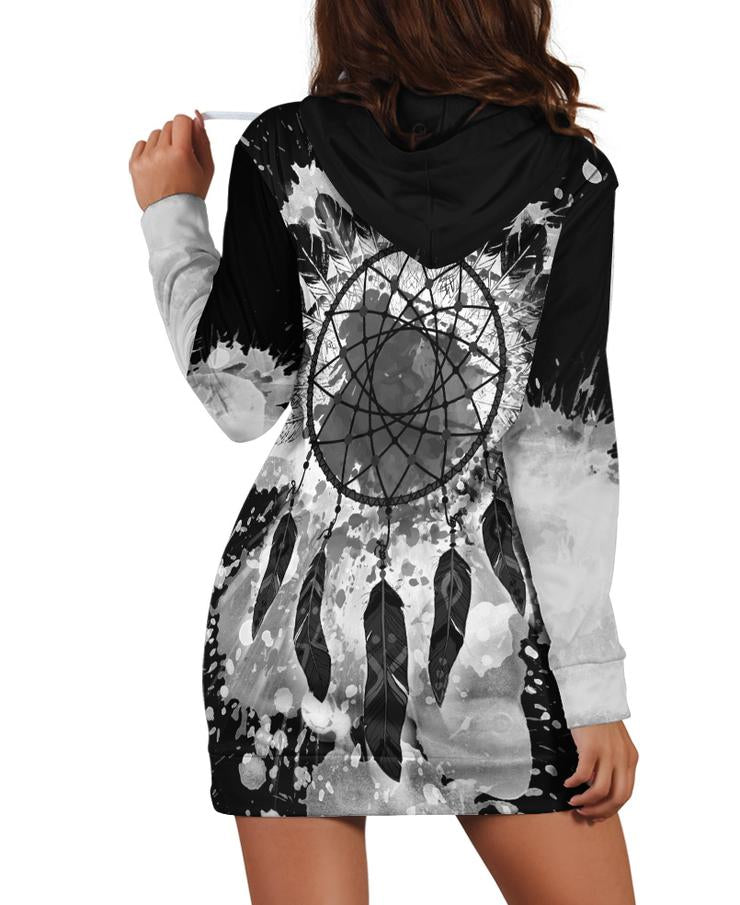 WelcomeNative Black-White Dream Hoodie Dress, 3D Hoodie Dress, All Over Print Hoodie Dress