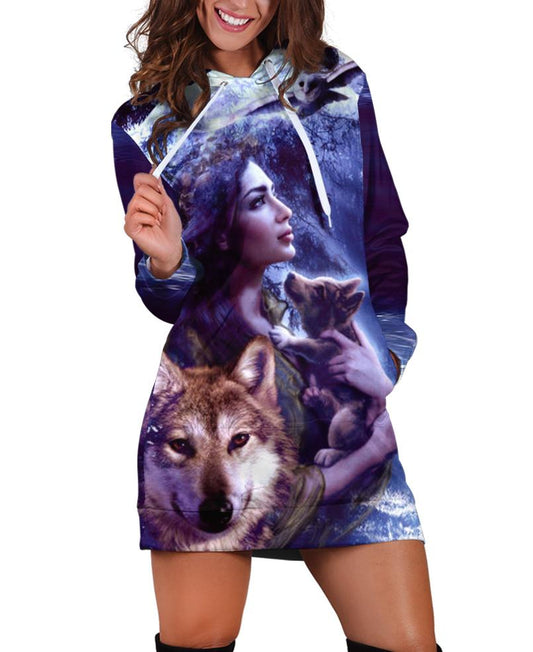 WelcomeNative Wolf And Girl Hoodie Dress Hoodie Dress, 3D Hoodie Dress, All Over Print Hoodie Dress