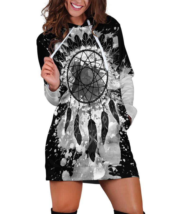 WelcomeNative Black-White Dream Hoodie Dress, 3D Hoodie Dress, All Over Print Hoodie Dress