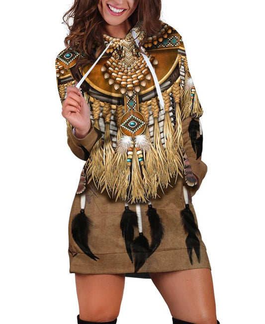 WelcomeNative Native Patterns Feathers Hoodie Dress, 3D Hoodie Dress, All Over Print Hoodie Dress