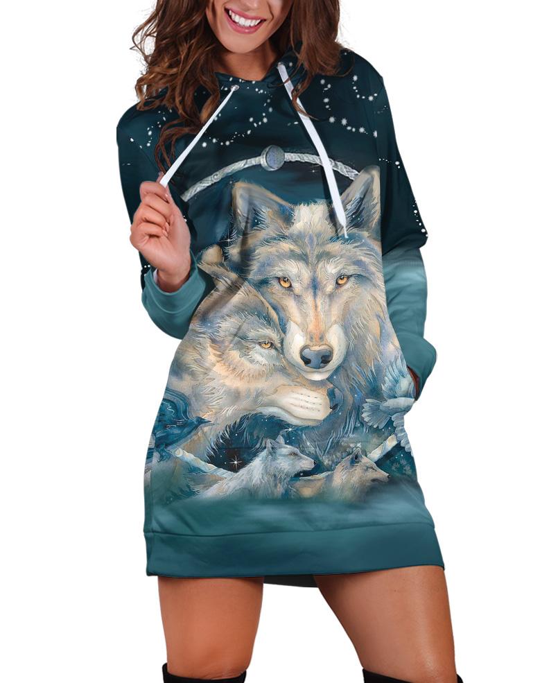 WelcomeNative Lovely Wolves Hoodie Dress, 3D Hoodie Dress, All Over Print Hoodie Dress