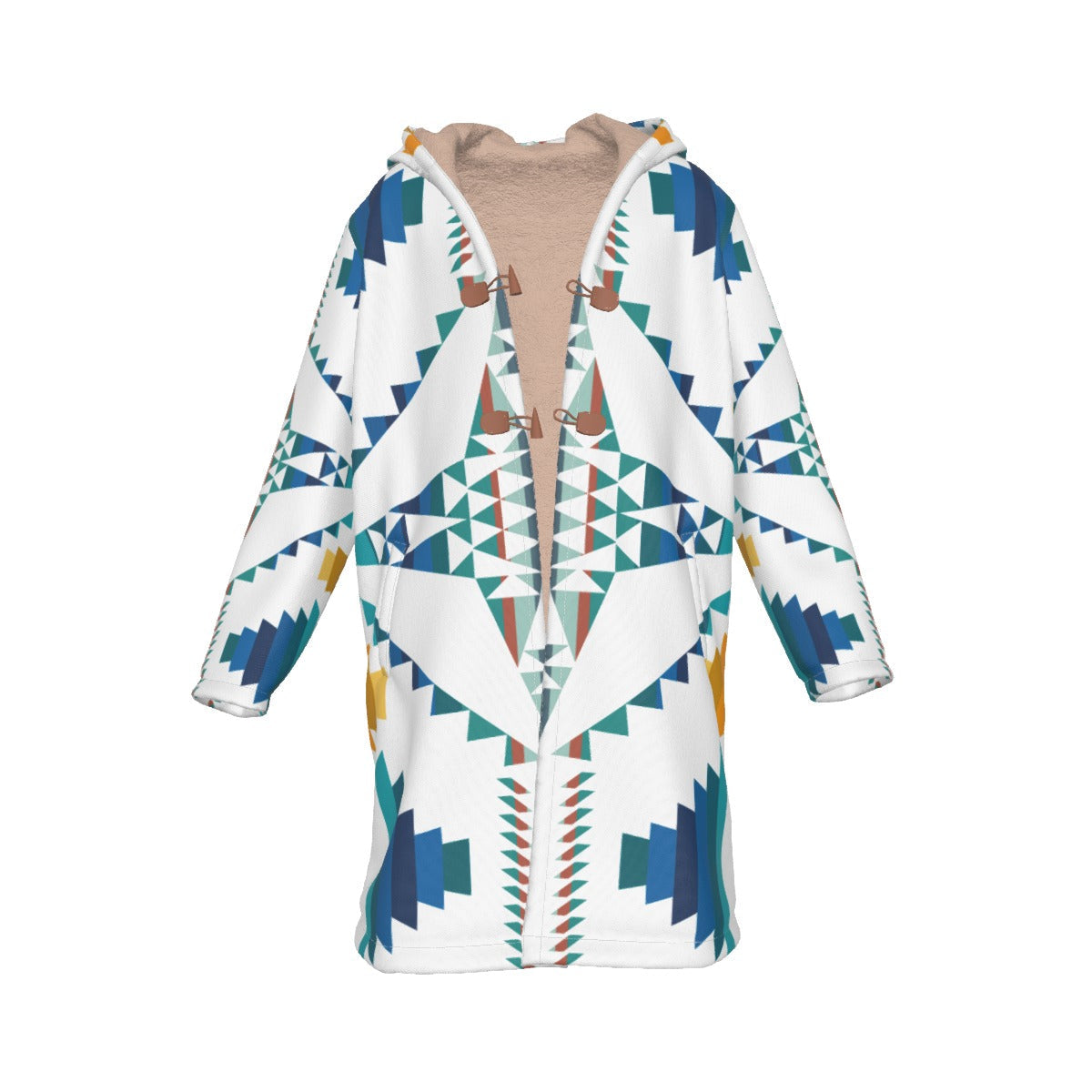 WelcomeNative Native American Horn Button Long Fleece Windbreaker, 3D Long Coat, All Over Print