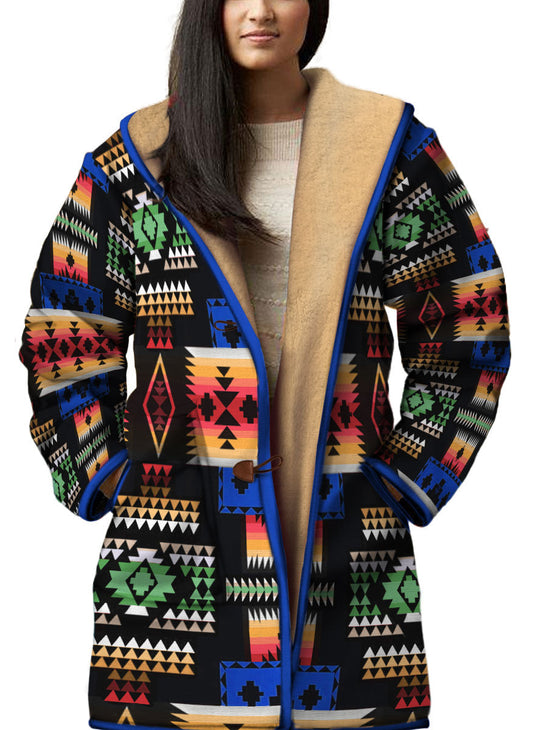 WelcomeNative Native American Horn Button Long Fleece Windbreaker, 3D Long Coat, All Over Print