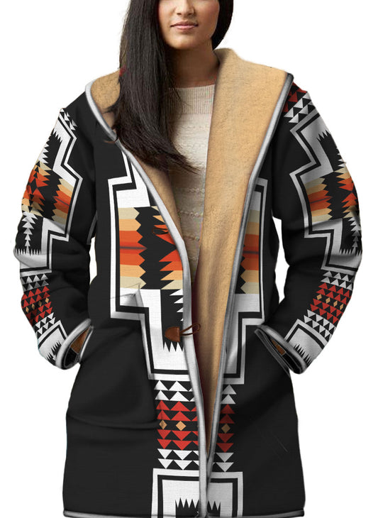 WelcomeNative Native American Horn Button Long Fleece Windbreaker, 3D Long Coat, All Over Print