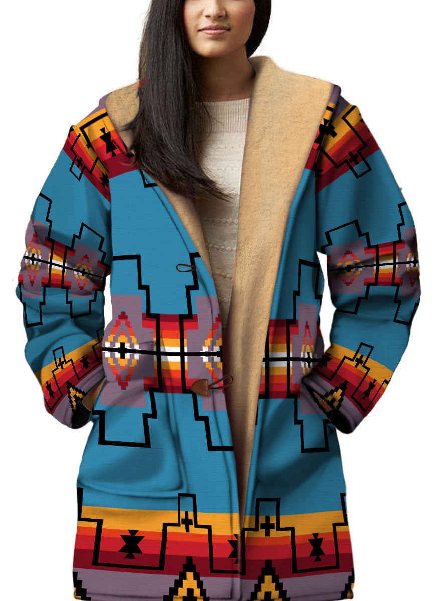 WelcomeNative Native American Horn Button Long Fleece Windbreaker, 3D Long Coat, All Over Print