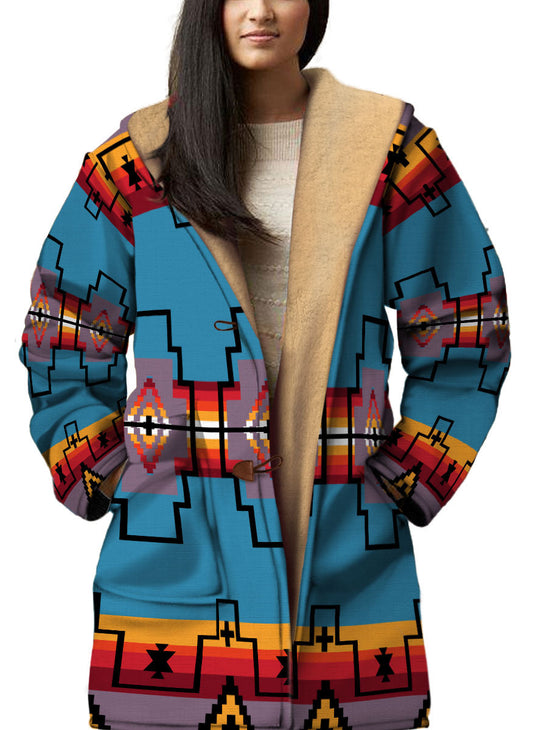 WelcomeNative Native American Horn Button Long Fleece Windbreaker, 3D Long Coat, All Over Print