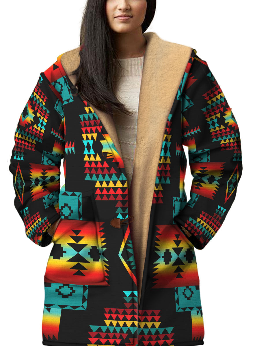WelcomeNative Native American Horn Button Long Fleece Windbreaker, 3D Long Coat, All Over Print