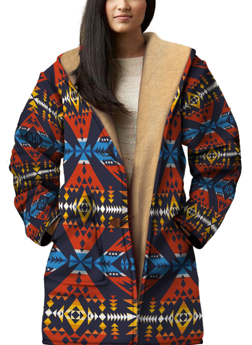 WelcomeNative Native American Horn Button Long Fleece Windbreaker, 3D Long Coat, All Over Print