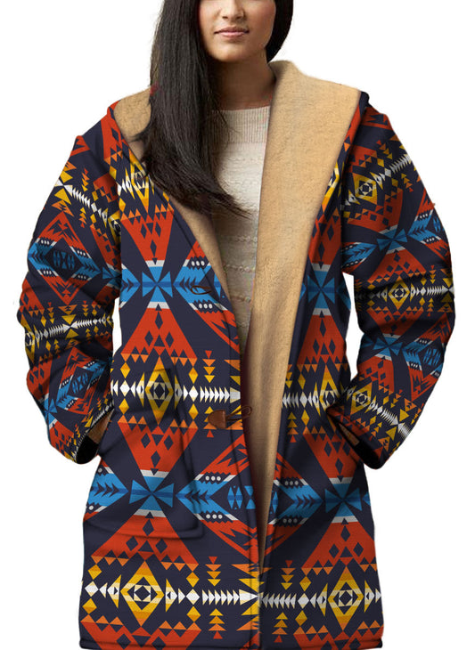 WelcomeNative Native American Horn Button Long Fleece Windbreaker, 3D Long Coat, All Over Print