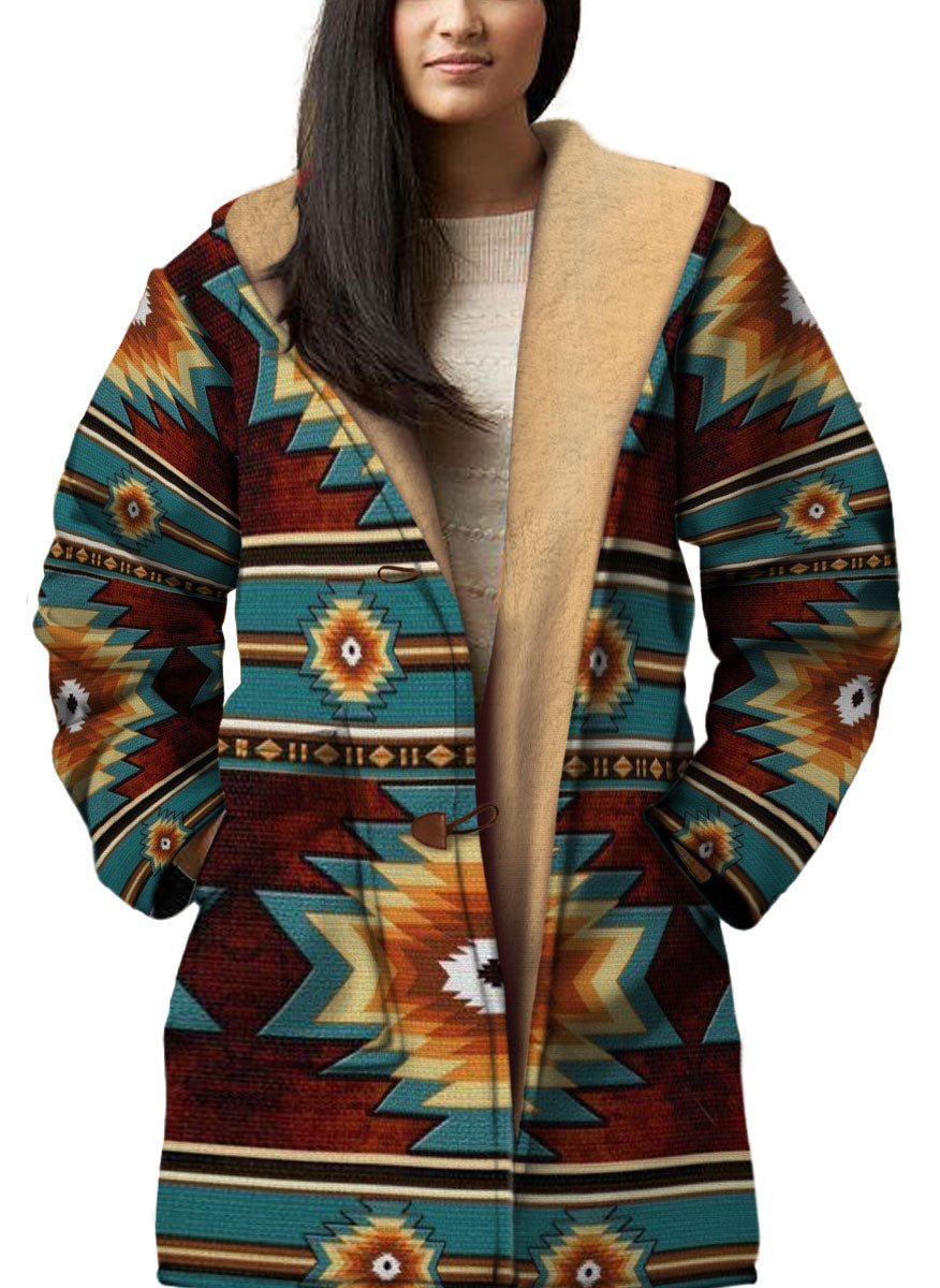 WelcomeNative Native American Horn Button Long Fleece Windbreaker, 3D Long Coat, All Over Print