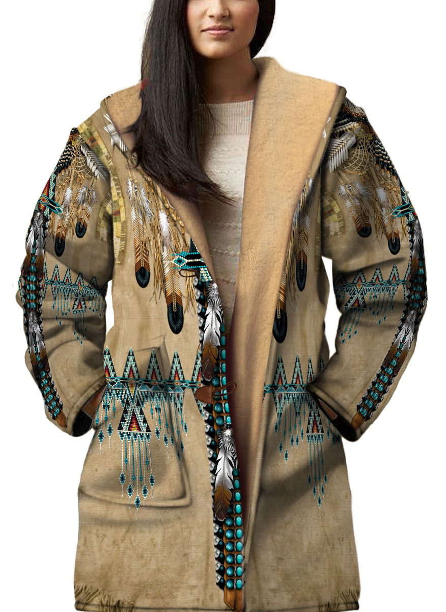 WelcomeNative Native American Horn Button Long Fleece Windbreaker, 3D Long Coat, All Over Print