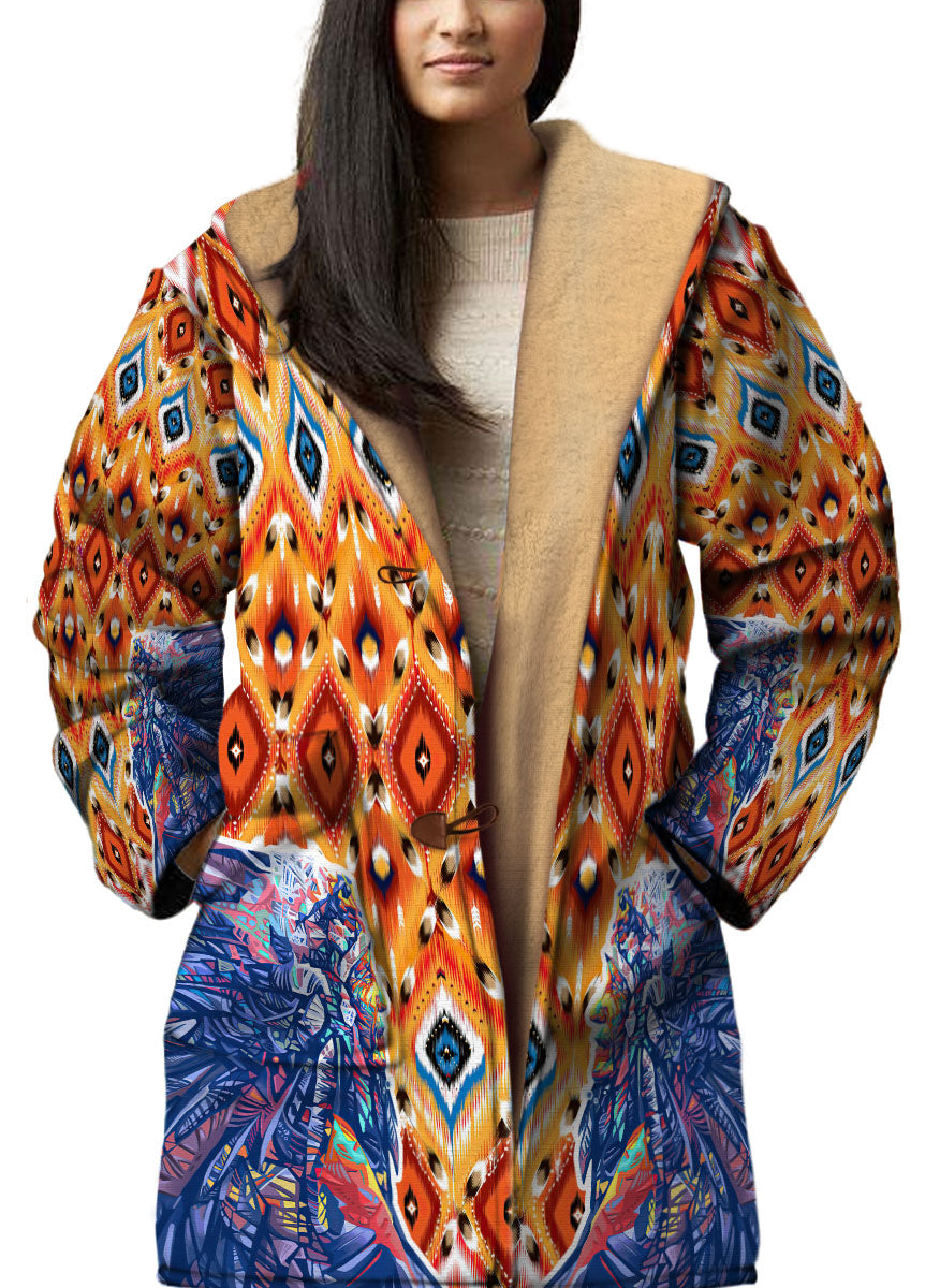 WelcomeNative Native American Horn Button Long Fleece Windbreaker, 3D Long Coat, All Over Print