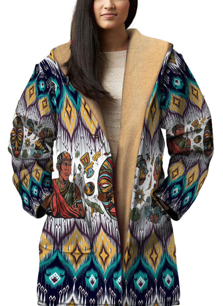 WelcomeNative Native American Horn Button Long Fleece Windbreaker, 3D Long Coat, All Over Print