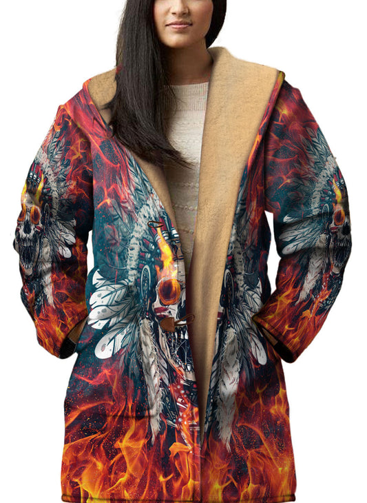 WelcomeNative Native American Horn Button Long Fleece Windbreaker, 3D Long Coat, All Over Print