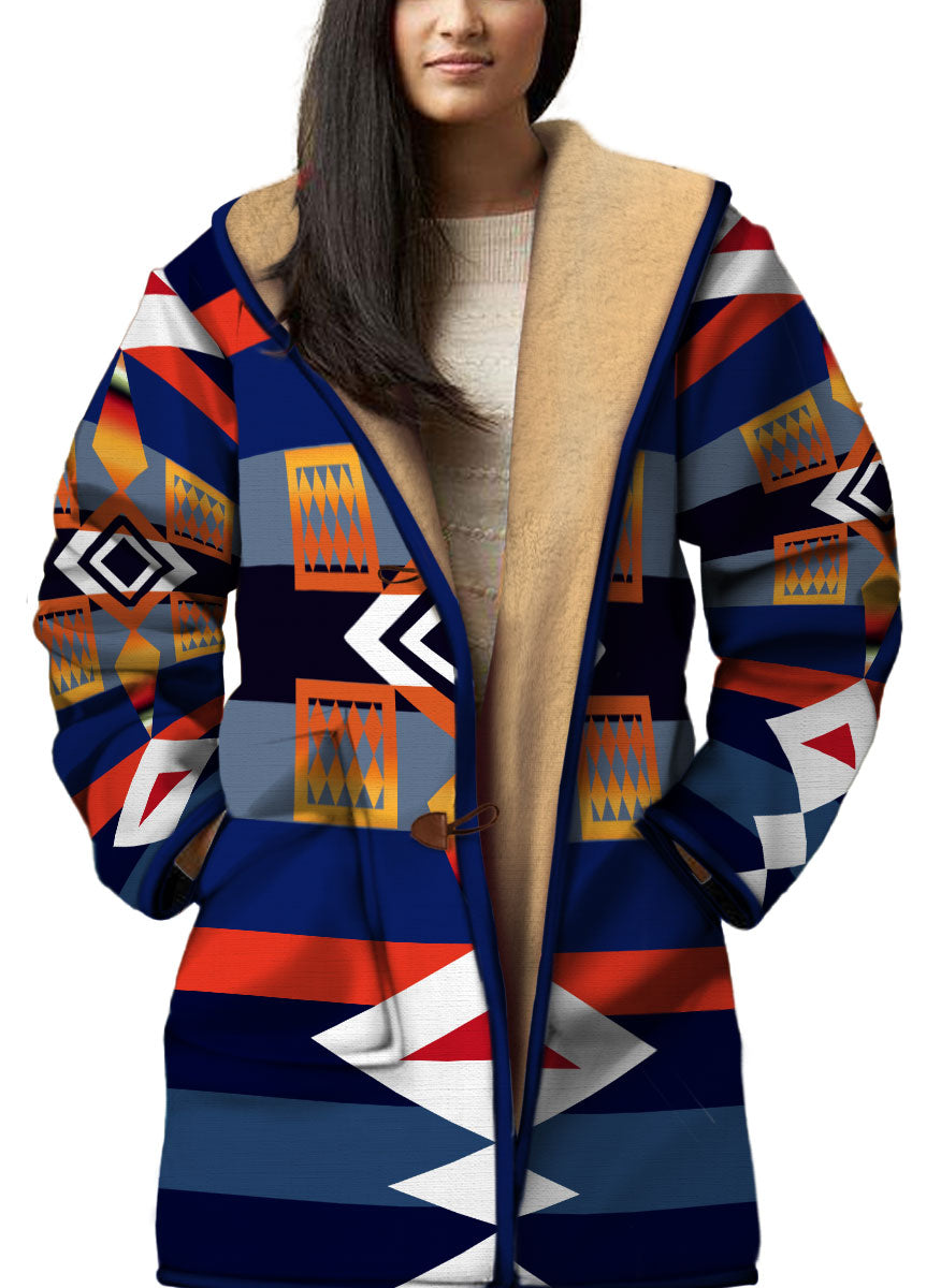 WelcomeNative Native American Horn Button Long Fleece Windbreaker, 3D Long Coat, All Over Print