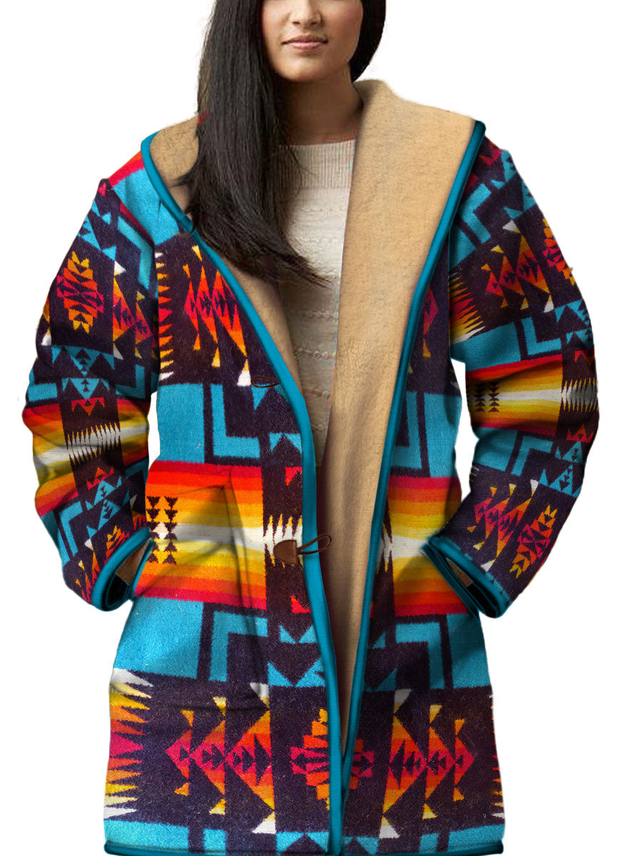 WelcomeNative Native American Horn Button Long Fleece Windbreaker, 3D Long Coat, All Over Print