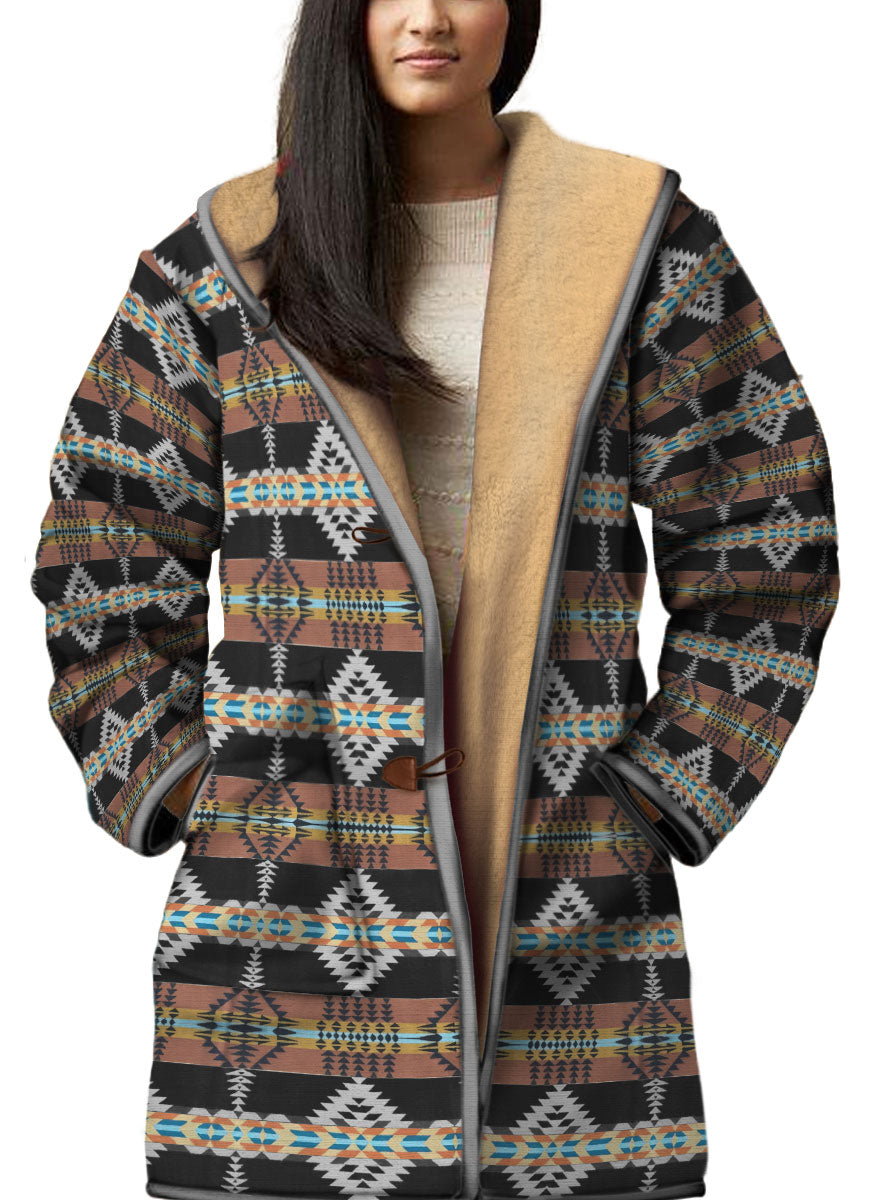 WelcomeNative Native American Horn Button Long Fleece Windbreaker, 3D Long Coat, All Over Print