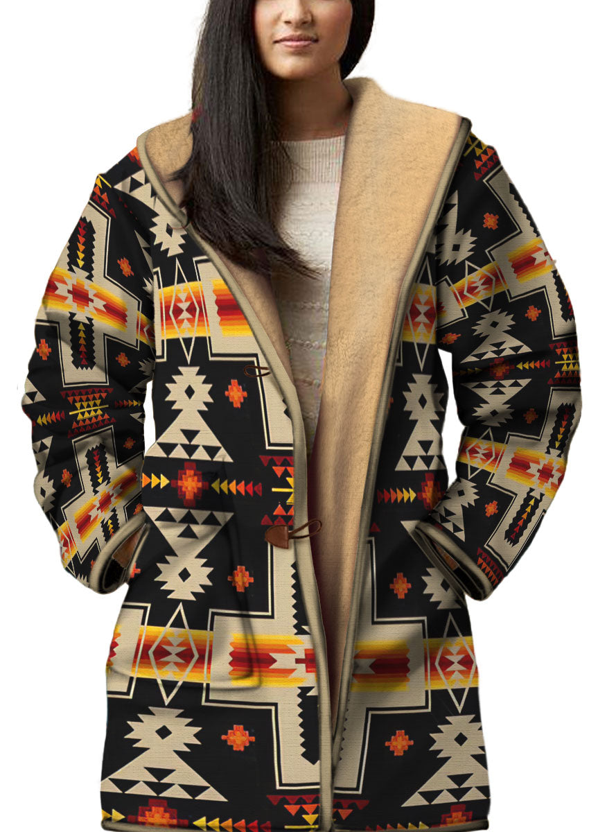 WelcomeNative Native American Horn Button Long Fleece Windbreaker, 3D Long Coat, All Over Print