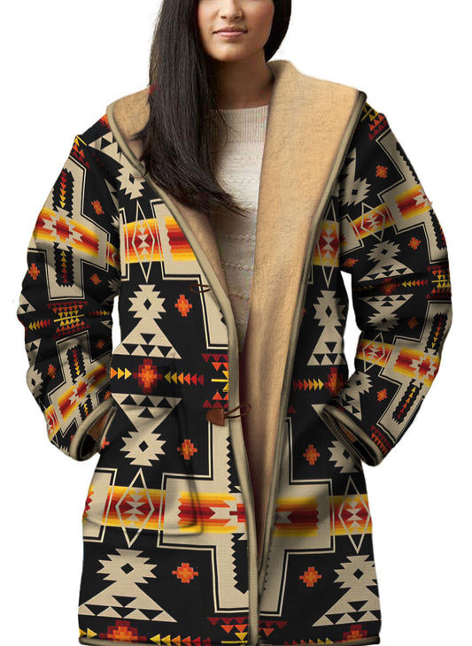 WelcomeNative Native American Horn Button Long Fleece Windbreaker, 3D Long Coat, All Over Print