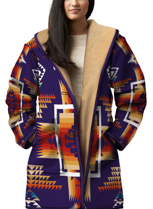 WelcomeNative Native American Horn Button Long Fleece Windbreaker, 3D Long Coat, All Over Print
