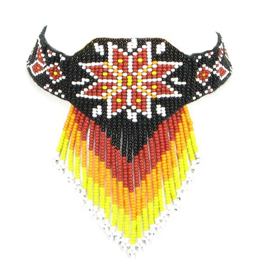 WelcomeNative Black Brown Fire Pattern Star Seed Beaded Bib Necklace