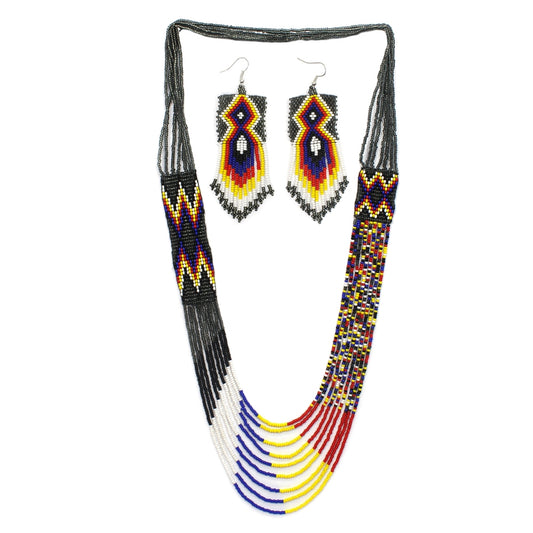 Handmade Beaded Trans Grey Black Blue long layered Necklace Earring set - Welcome Native