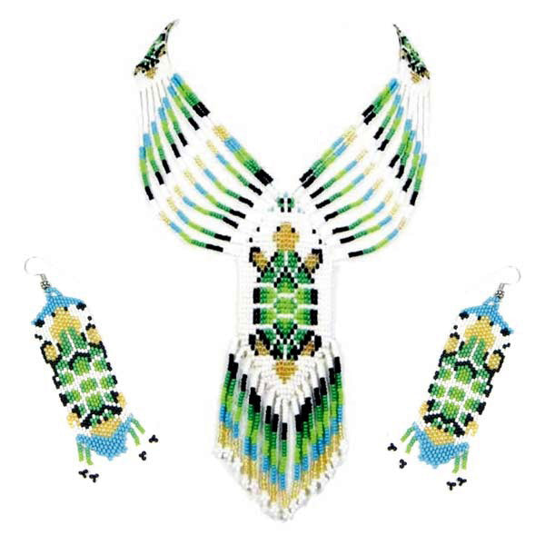 WelcomeNative Handmade Beaded Turtle Deep Green, Orange Necklace Earrings set