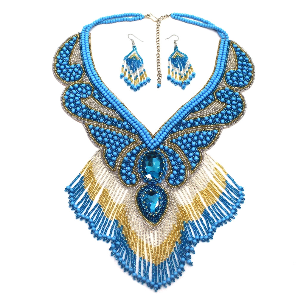 Handmade Beaded Turquoise Blue Gold Native style Bib Necklace Earring set - Welcome Native