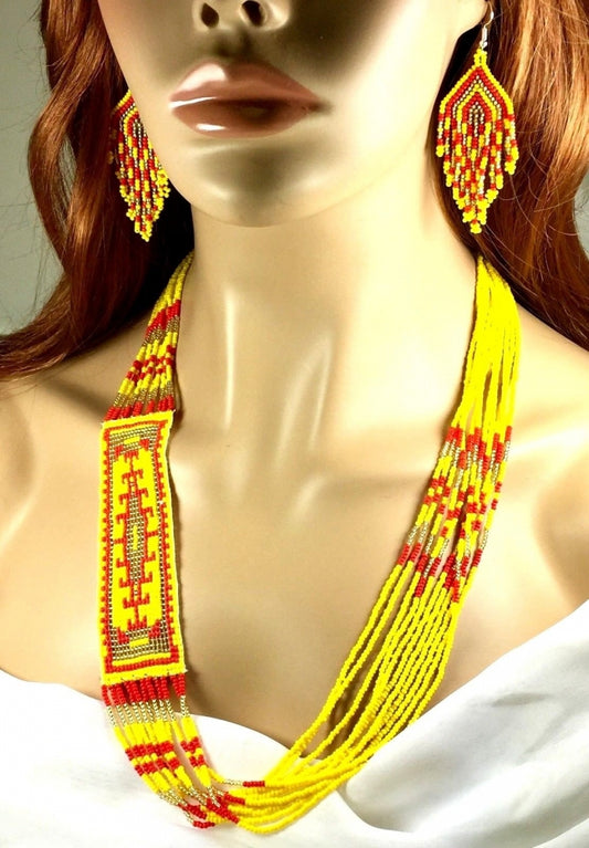 Handmade beaded Yellow Red layered Native style Necklace earrings set  - Welcome Native
