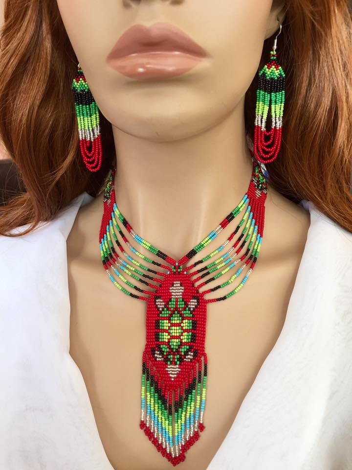 WelcomeNative Handmade Beaded Turtle Deep Green, Orange Necklace Earrings set