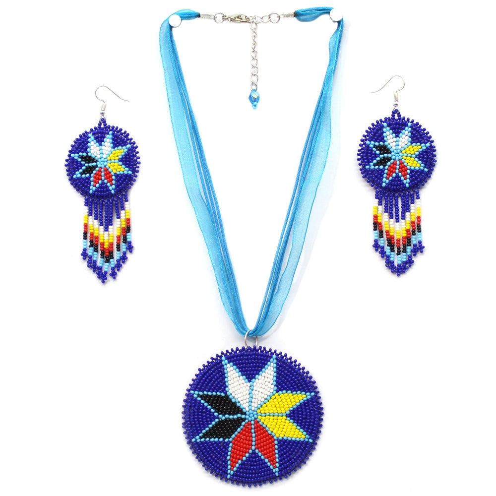 Handmade beaded Red Blue Medallion 4 Directions Necklace Earrings Set - Welcome Native