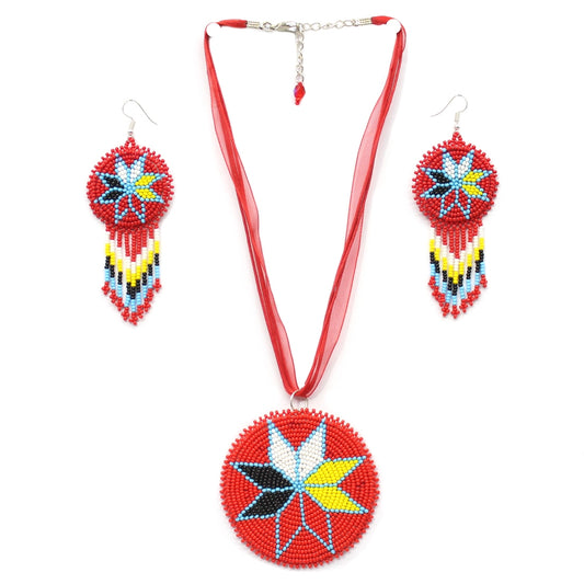 Handmade beaded Red Blue Medallion 4 Directions Necklace Earrings Set - Welcome Native
