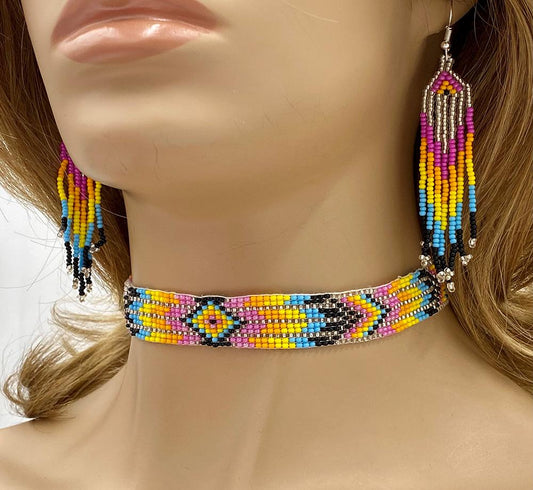 Handmade Beaded Pink Orange Yellow Choker Necklace Earrings set  - Beaded Necklace Sets - Welcome Native